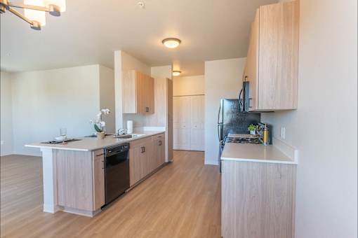 A kitchen with wooden cabinets and a white counter top.