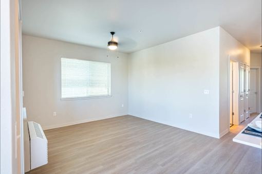 A room with a window and a heater.
