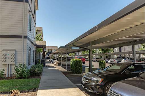 A parking lot with cars and a building in the background at Forestplace Apartment Homes, Forest Grove