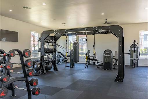 A gym with a variety of equipment including a squat rack, bench press, and a pull up bar at Northplace Apartment Homes, Salem, OR, 97305