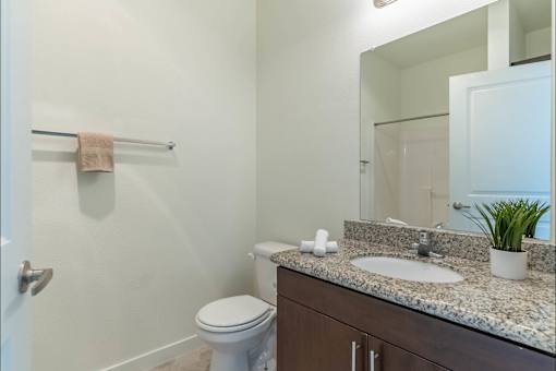 A bathroom with a toilet, sink, and mirror at Riverplace Apartment Homes, Independence, Oregon