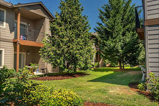 A residential area with a house, trees, and a lawn at Stoneplace Apartment Homes, Molalla, Oregon