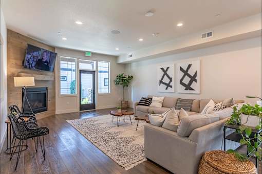 A living room with a grey couch, a television, and a rug at Timberridge Place Apartment Homes, Albany