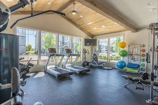 A spacious gym with a variety of exercise equipment and a large window overlooking the outdoors at Timberridge Place Apartment Homes, Albany, OR, 97322