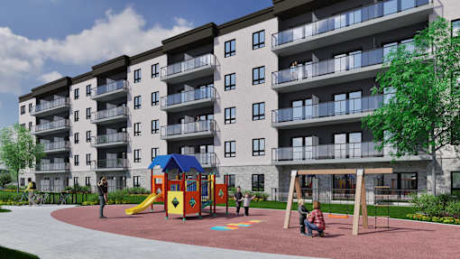 A playground with a slide and a swing set in front of apartment buildings.