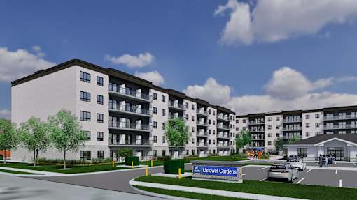 A rendering of a modern apartment complex with a parking lot and a sign that says Listowel Gardens.