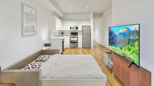 A modern living room with a television on a wooden stand.