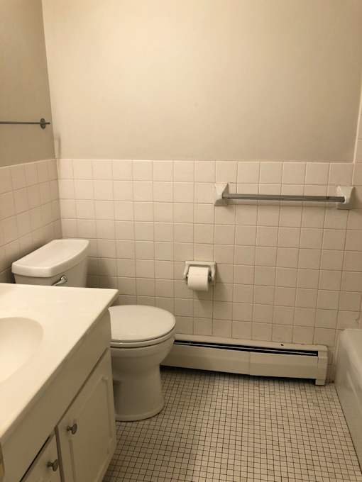 A white toilet sits next to a sink in a small bathroom.