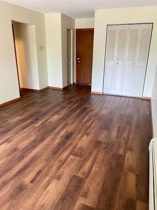Spacious living room with updated flooring.