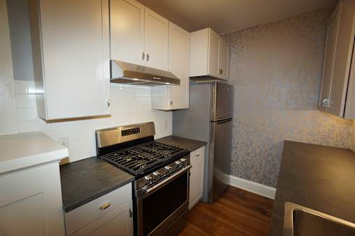 30" gas range with range hood, upper-end fridge.