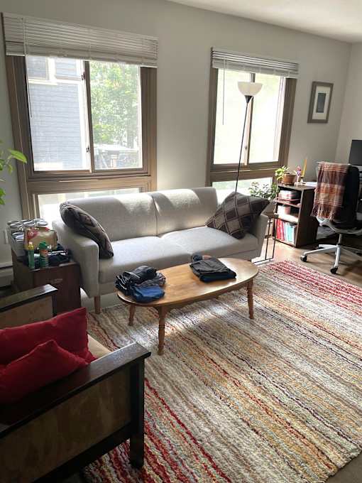 A living room with a couch, a table, and a rug.