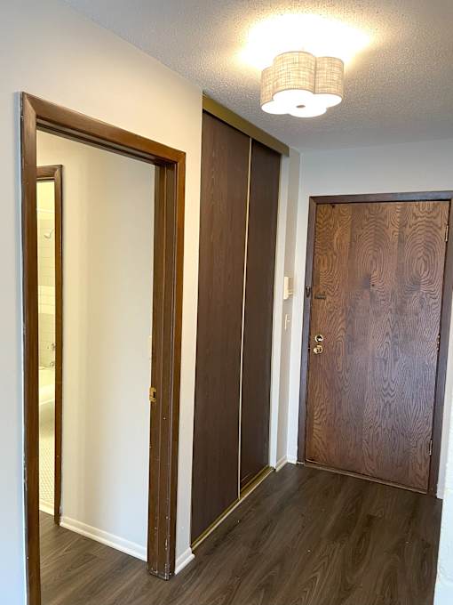A hallway with a brown door and a mirror on the wall.