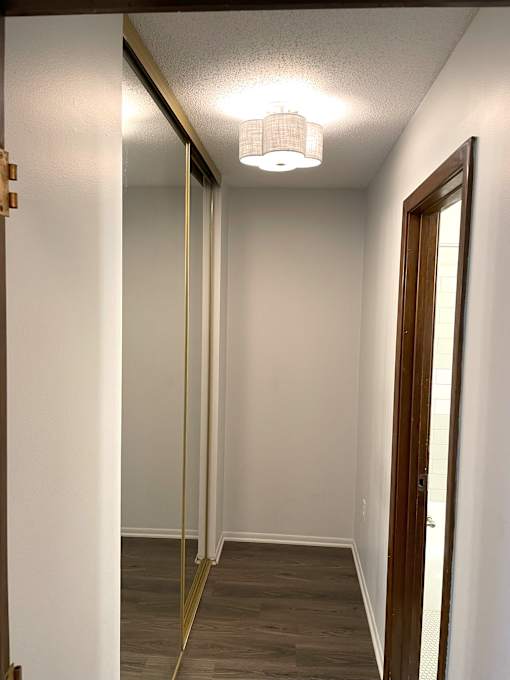 A hallway with a light on the ceiling and a wooden door on the right.