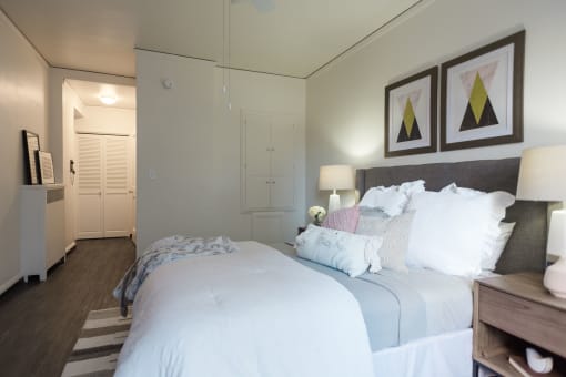 large bedroom with attached master bath in background