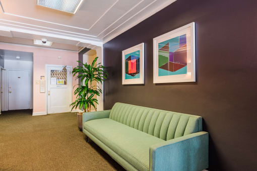 Bold colors in the lobby of Ongford Apartments