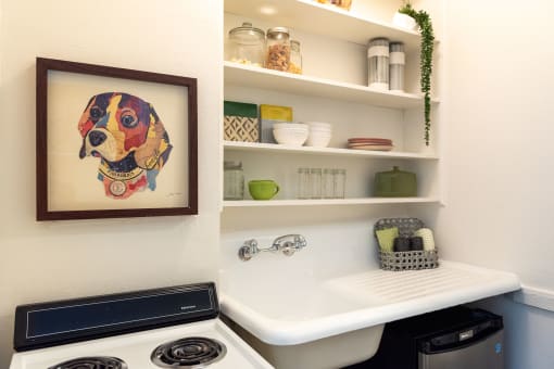 full size stove next to sink with built-in shelving above and mini fridge below