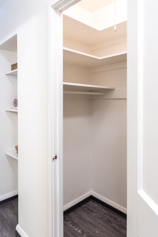 walk-in closet with built-in shelving next to it