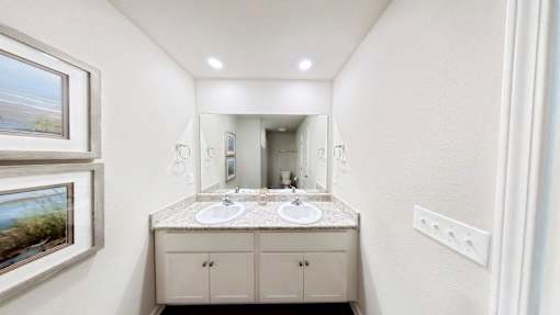 A bathroom with a double sink vanity and a large mirror.