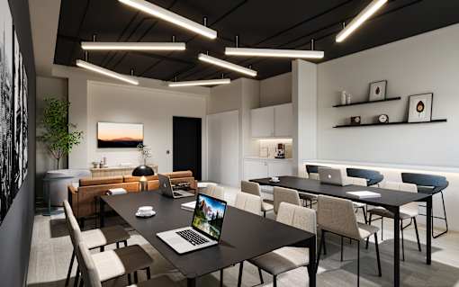 A modern conference room with a long table and chairs, a laptop on the table, and a plant in the corner.