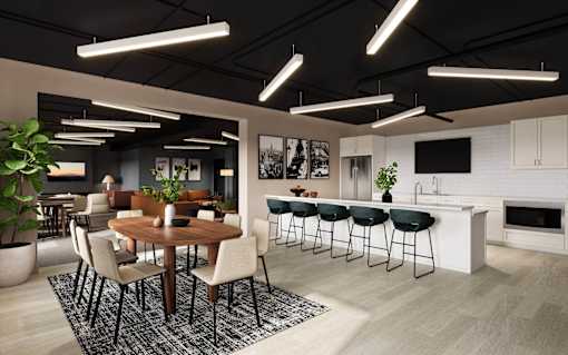 A modern dining area with a wooden table and chairs.
