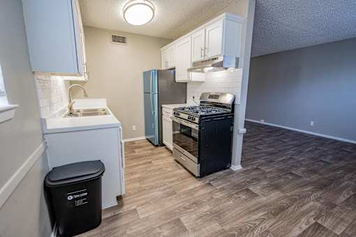 A kitchen with a black trash can and a black stove top oven.