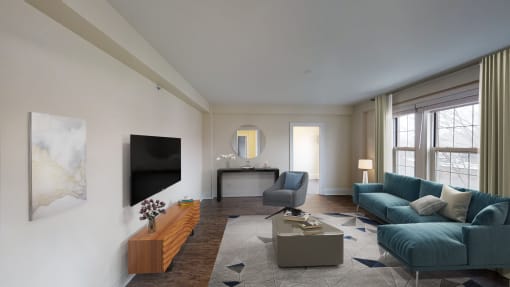 Spacious Renovated Living Room at The Regent Apartments, Brookline, Massachusetts