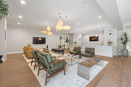 A living room with a white rug and a wooden floor.