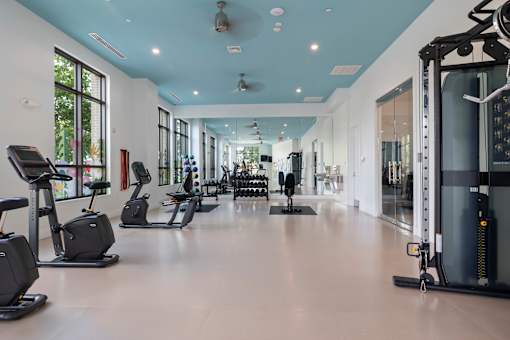 A gym with treadmills, elliptical machines, and other exercise equipment.