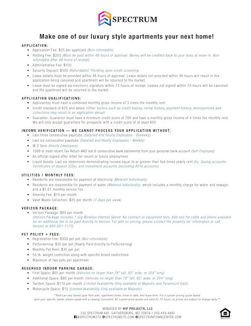 A flyer for Spectrum Apartments outlines the application process and fees.