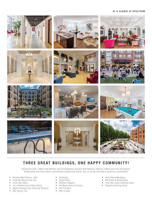 A page showcasing various images of a community with the title "THREE GREAT BUILDINGS, ONE HAPPY COMMUNITY!"