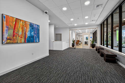 A large abstract painting hangs on a white wall in a spacious room with grey carpeting.