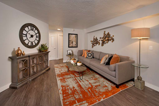 A living room with a grey couch, a wooden cabinet, a clock, and a rug.