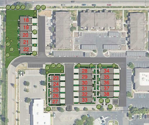A map shows a parking lot with numbered parking spaces from 18 to 38.