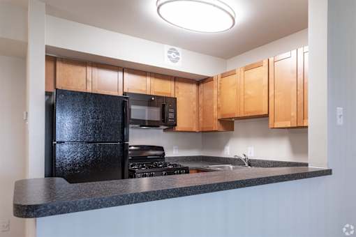 A kitchen with black appliances and wooden cabinets.