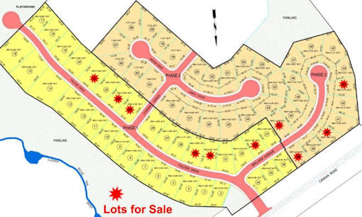 A map shows a layout of a property with lots for sale.