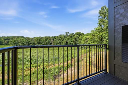 A balcony with a black railing overlooks a green field.
