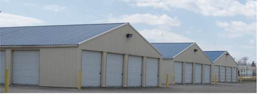 A series of garage doors are closed.