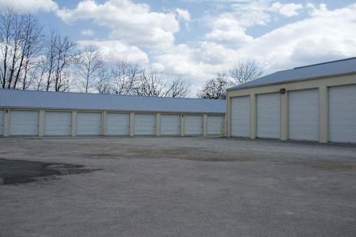 A row of garage doors are closed.