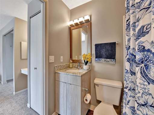 A bathroom with a toilet, sink, mirror, and shower curtain at The Reserve at Grand Valley Apartments, Milford 46150
