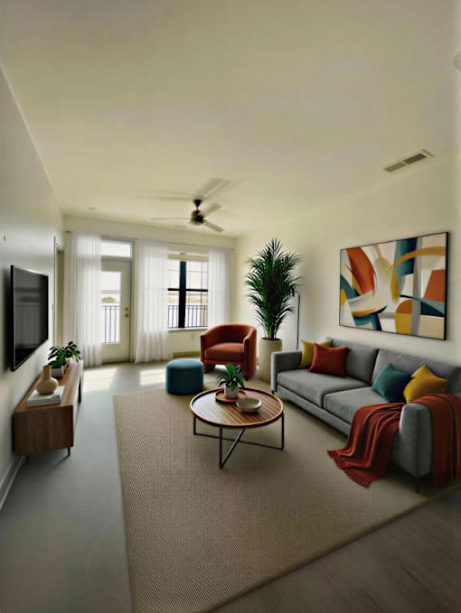A living room with a grey couch, a wooden table, a television, and a painting on the wall.