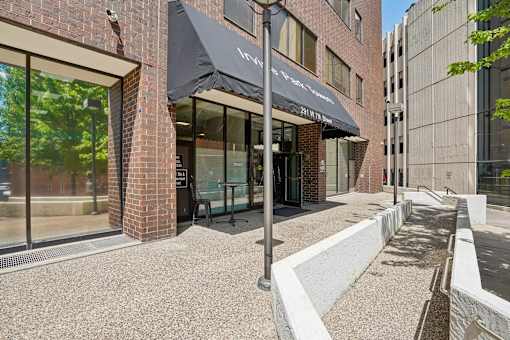 Main entrance to Irvine Park Towers apartments in St. Paul, Minnesota