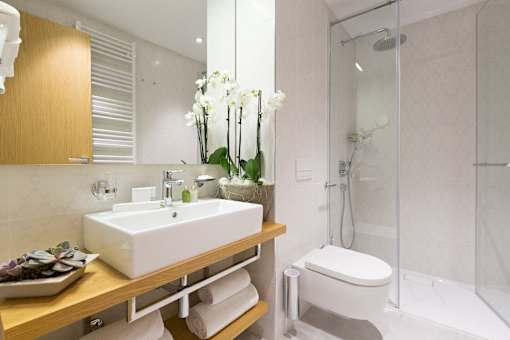 A modern bathroom with a white sink and a glass shower stall.