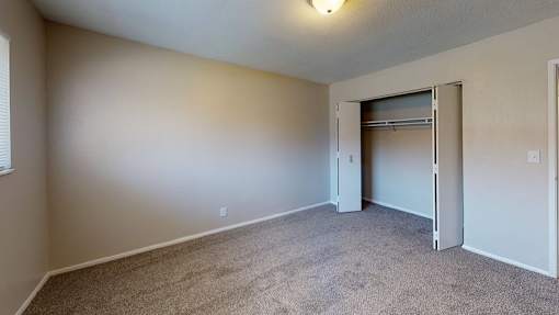 A room with a carpeted floor and a closet.