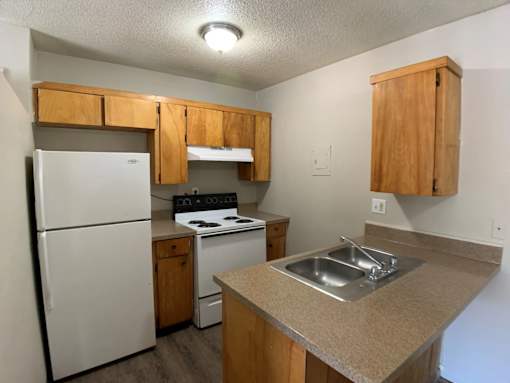 A kitchen with a white refrigerator, a stove, and a sink.