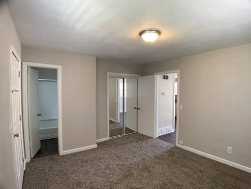 A room with a carpeted floor and a mirror.