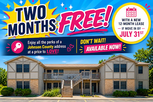 A promotional image for a two months free offer on a Johnson County address.