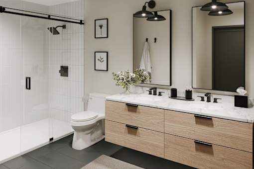 A white toilet sits under a mirror in a bathroom.
