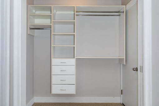 A white closet with drawers and shelves.