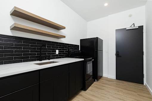 A black fridge and black cupboard in a kitchen.