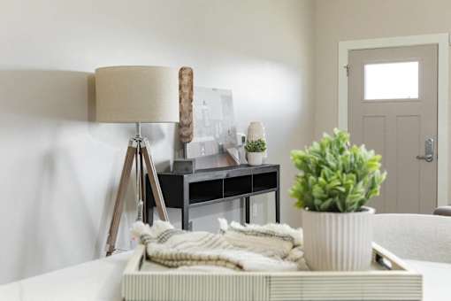 A lamp with a beige shade sits on a black table with a white couch and a green plant in front of it.